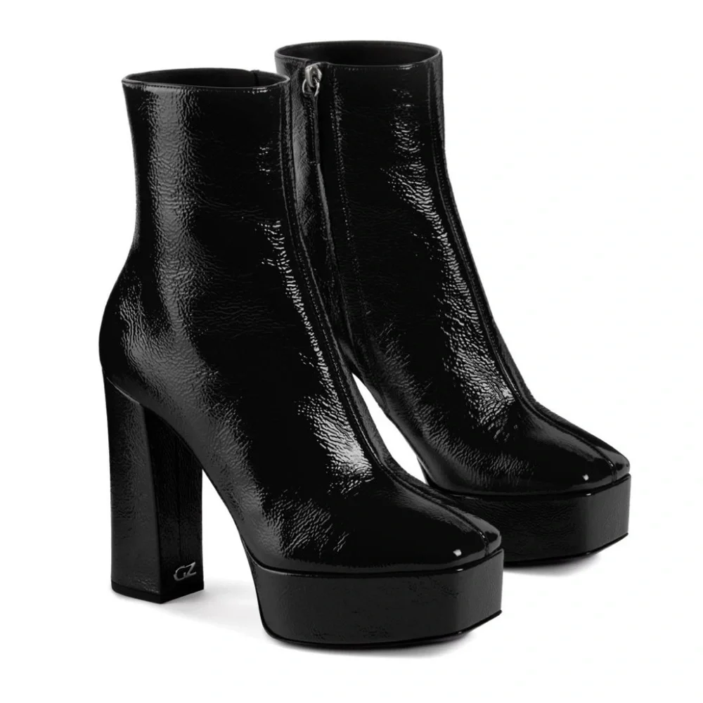 Giuseppe Zanotti Morgana Platform Block Heel Patent Leather Boots Black 38.5